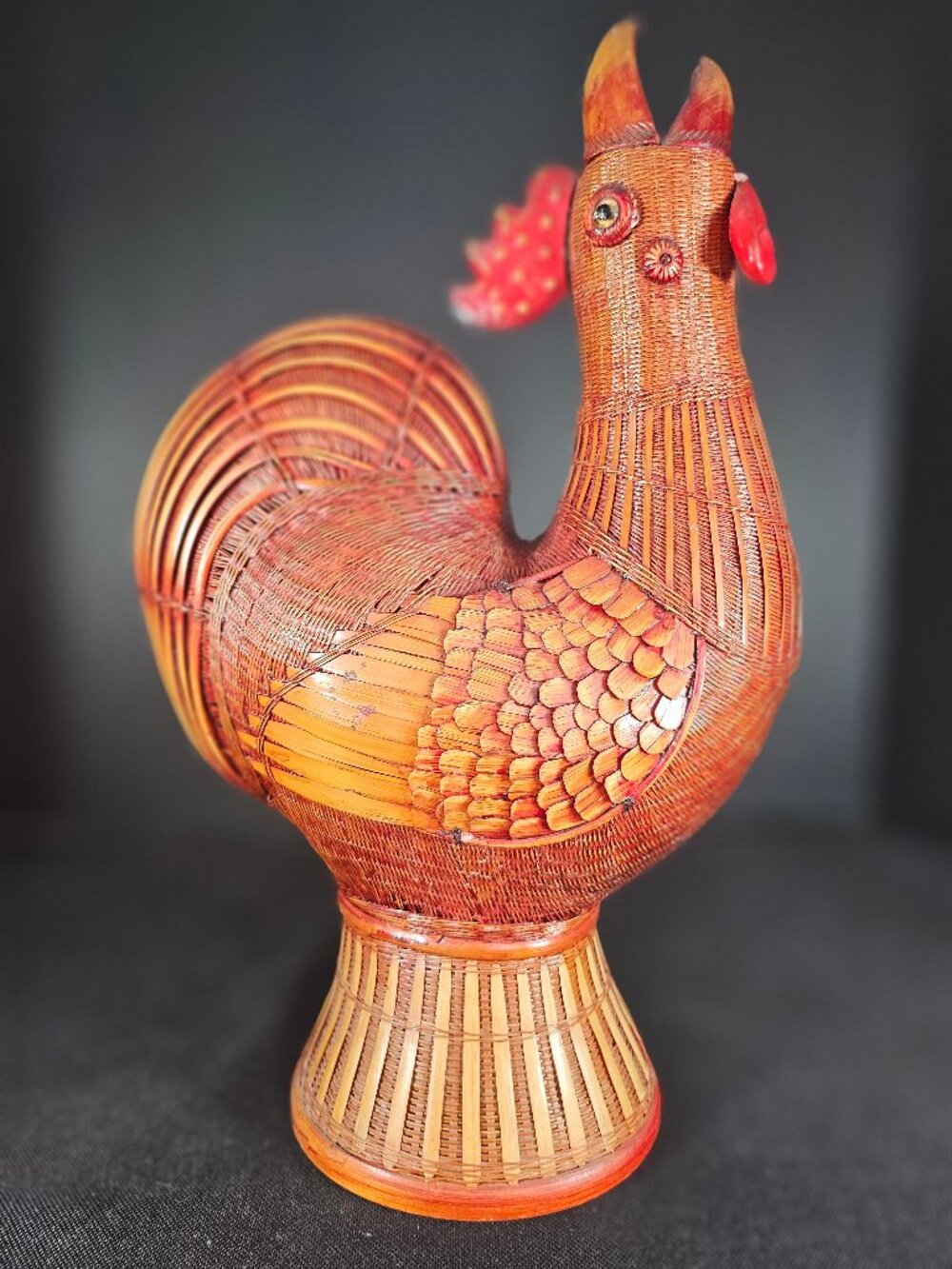 Rare MCM Chinese Wicker Rattan Rooster Farmhouse Chicken Shanghai Handcrafts 13"